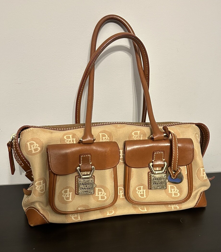 Dooney Bourke Satchel Purse Tan Canvas Leather 2 Front Lock Double Pocket