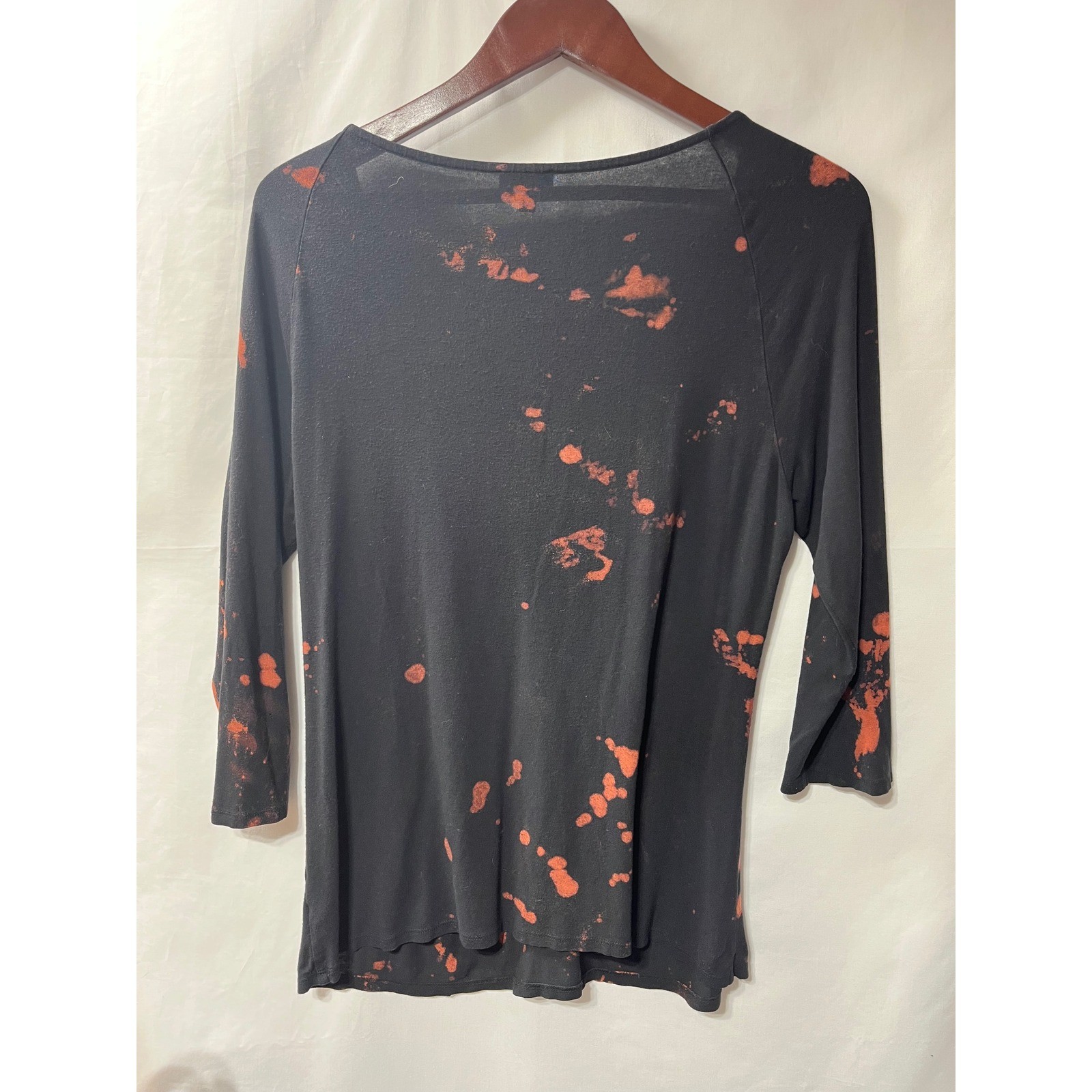 Talbots Womens Black Orange Bleach Wash Knot Front V-Neck 3/4 Sleeve Top Size M