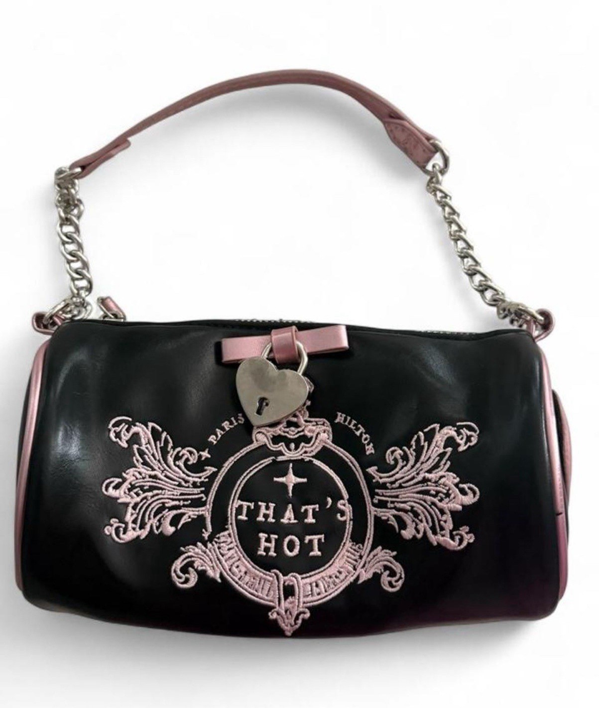 Paris Hilton “That’s Hot” Embroidered Small Shoulder Bag Black/Pink Chain Charm