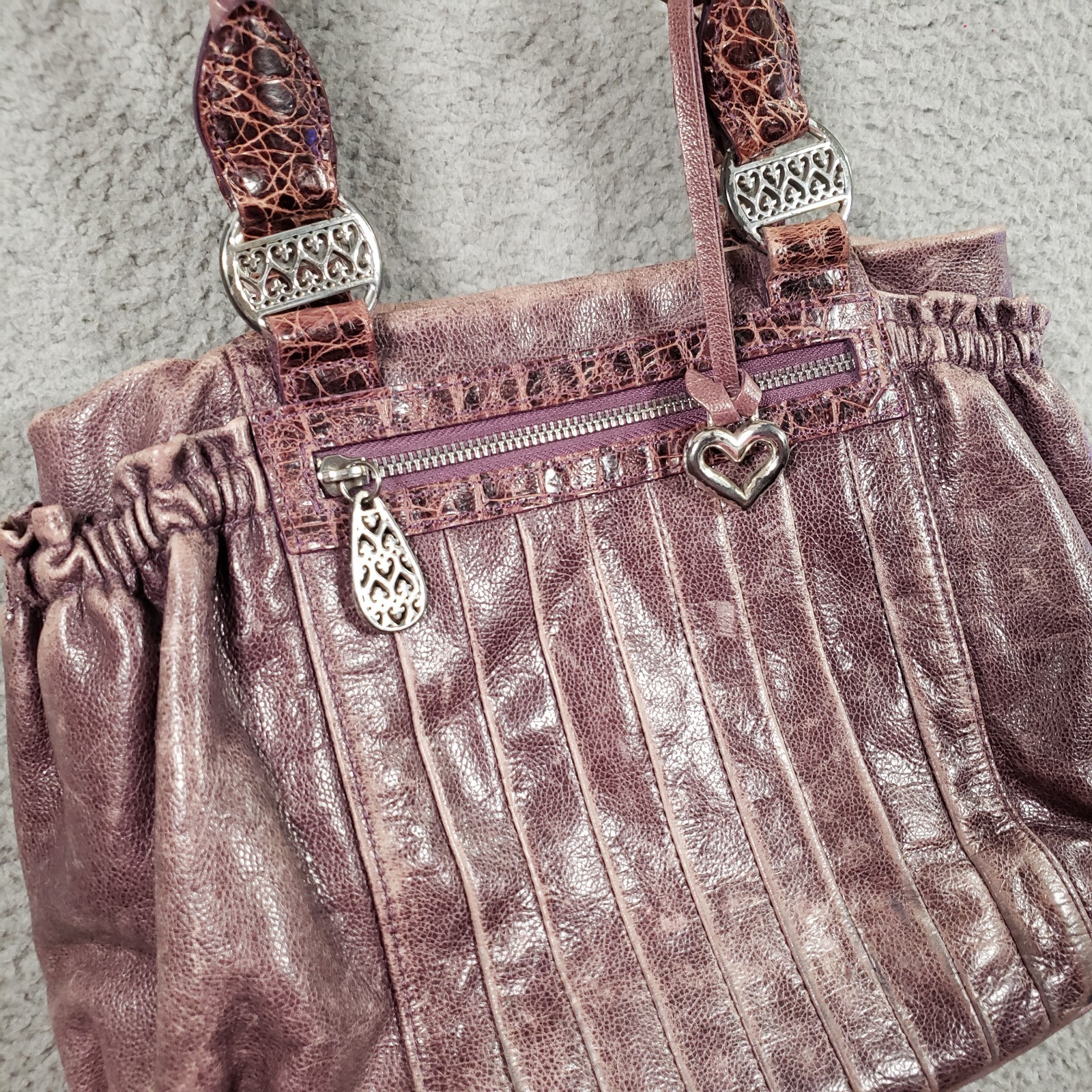 Brighton Purple Distressed Leather Shoulder Bag Pleat Elastic Pockets Heart Rare