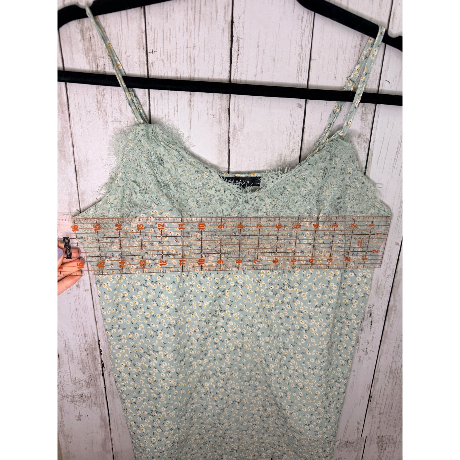 Papaya Sage Green Floral Daisy Lace Trim Camisole Top Large Adjustable Straps
