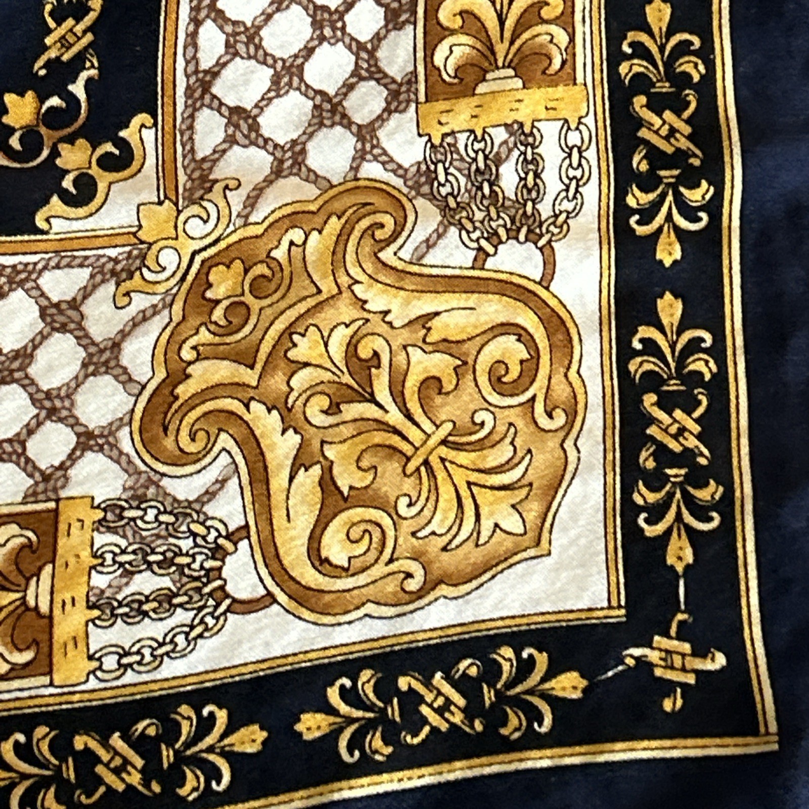 Scarf 100% Silk Gold Navy Blue And Beige Equestrian Scarf 20 Inches By 20 Inches