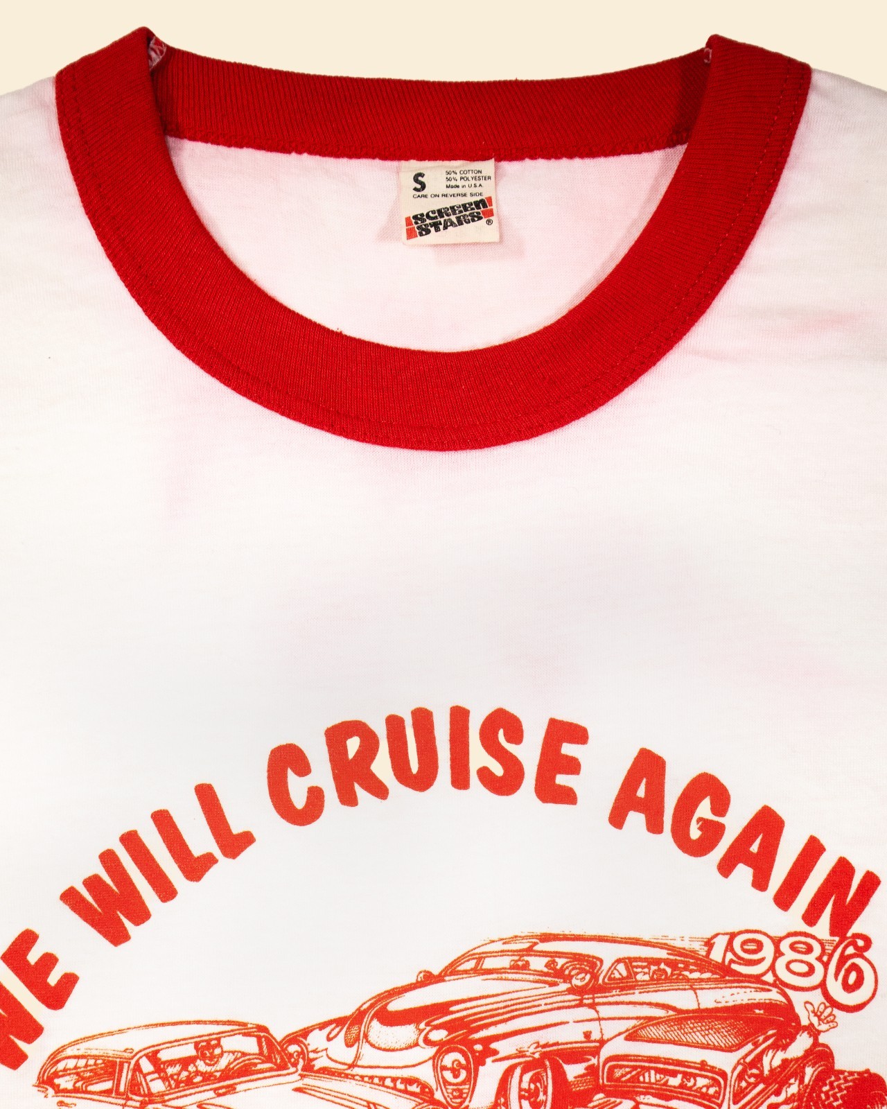 1980s We Will Cruise Again Vintage Ringer T-Shirt Car Culture Screen Stars S