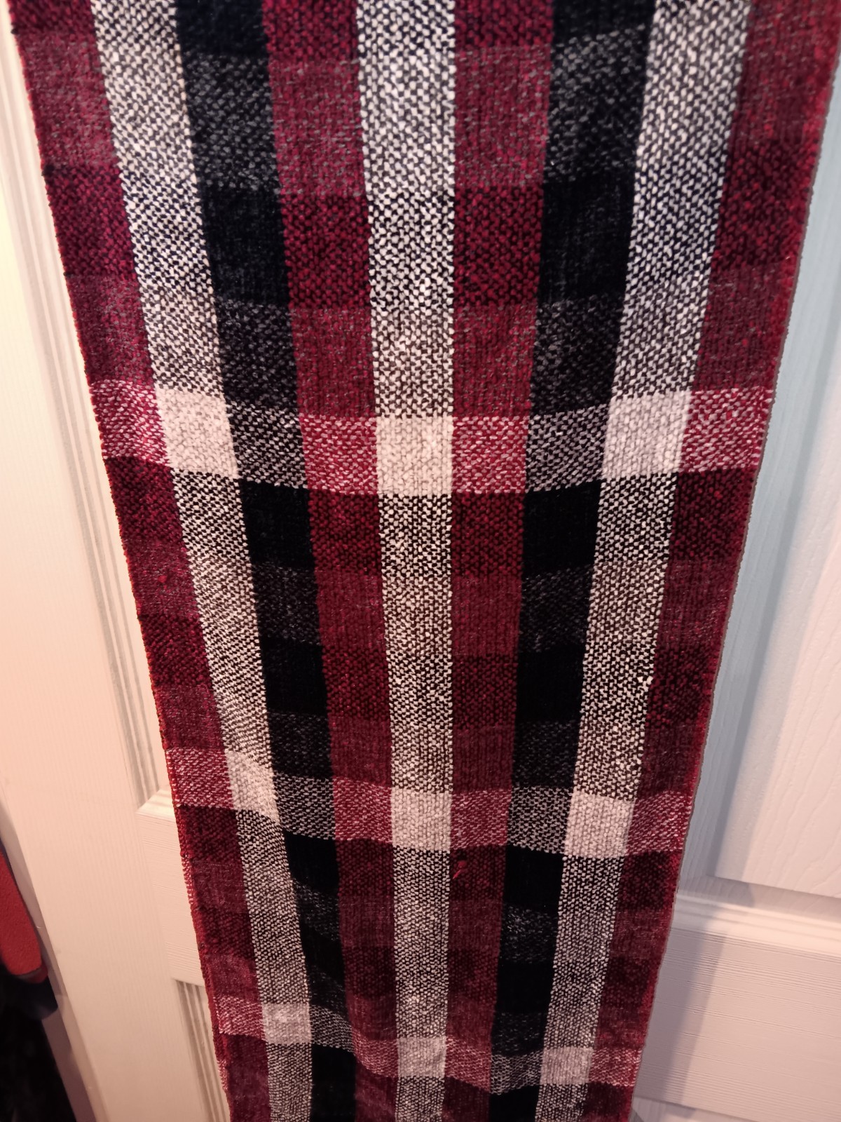 100% Rayon Gray, Red, Black, and White Checked Scarf 11 in. Wide x 76 in. Long