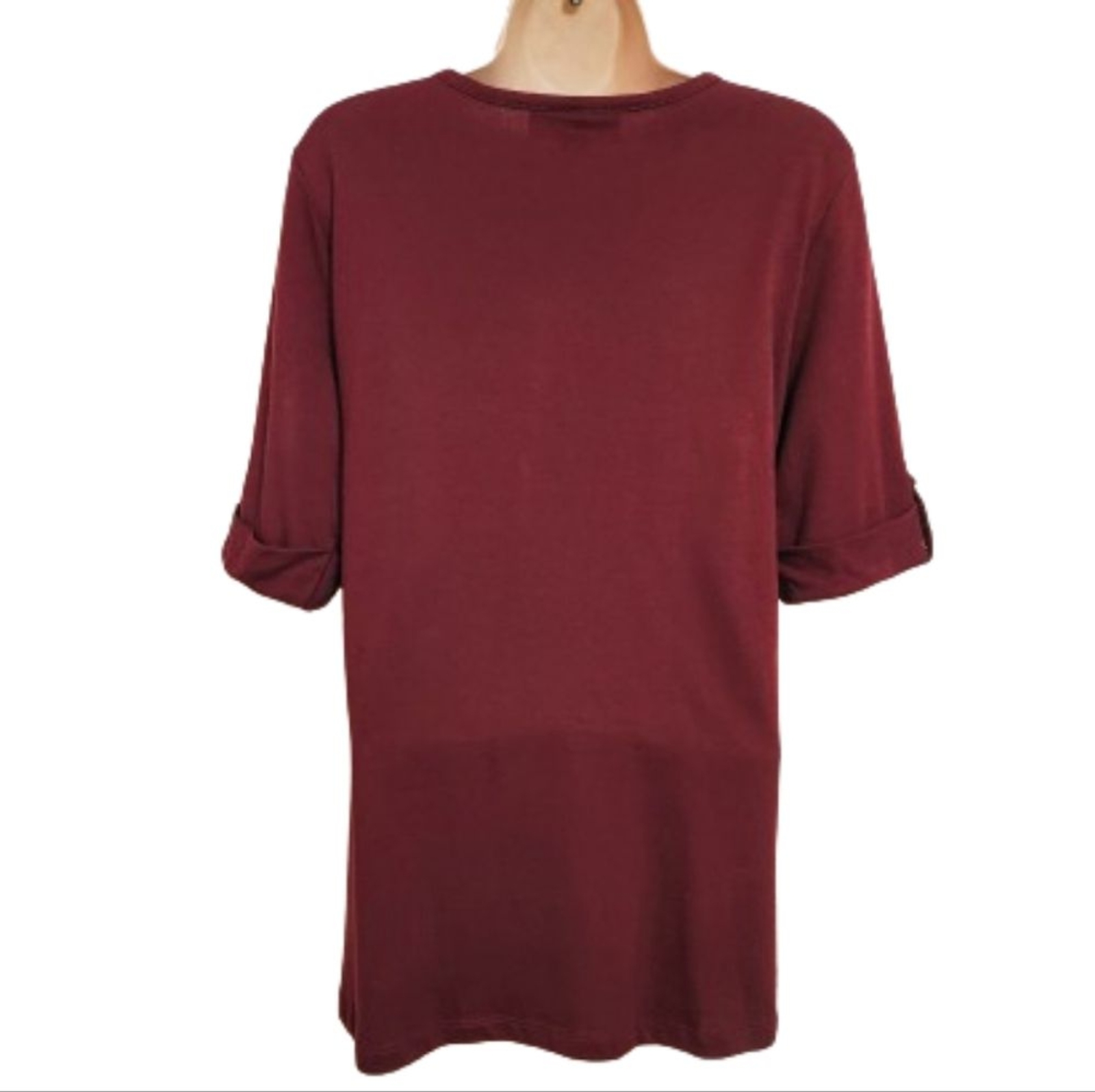 Karen Scott NEW Button Front Button Tab Sleeve Knit Essential Top Burgundy Sm