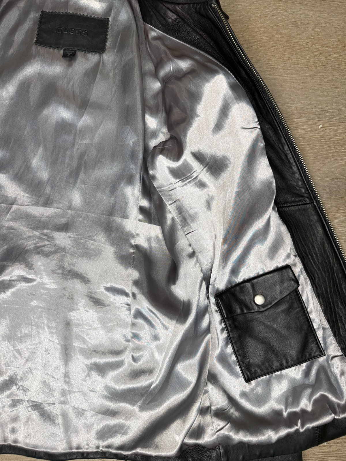 Vintage Guess Genuine Leather Jacket Women’s Black Moto Biker Zip Coat Size S
