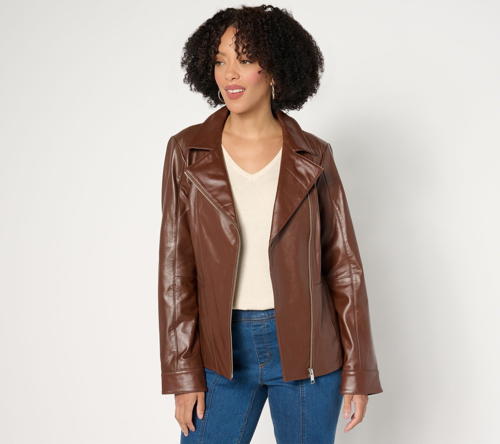 Denim & Co. Women’s Plus Sz Jacket 1X Lamb Leather Moto Pockets Brown A612795