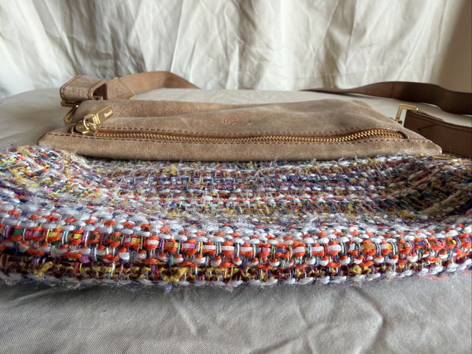 Hammitt Los Angeles VIP Tweed Crossbody Bag Taupe Multi-Color Gold Hardware 10×8
