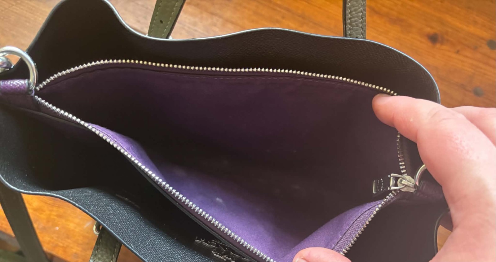 COACH Mollie Tote 25 Leather Shoulder Bag in Military Green Purple Interior
