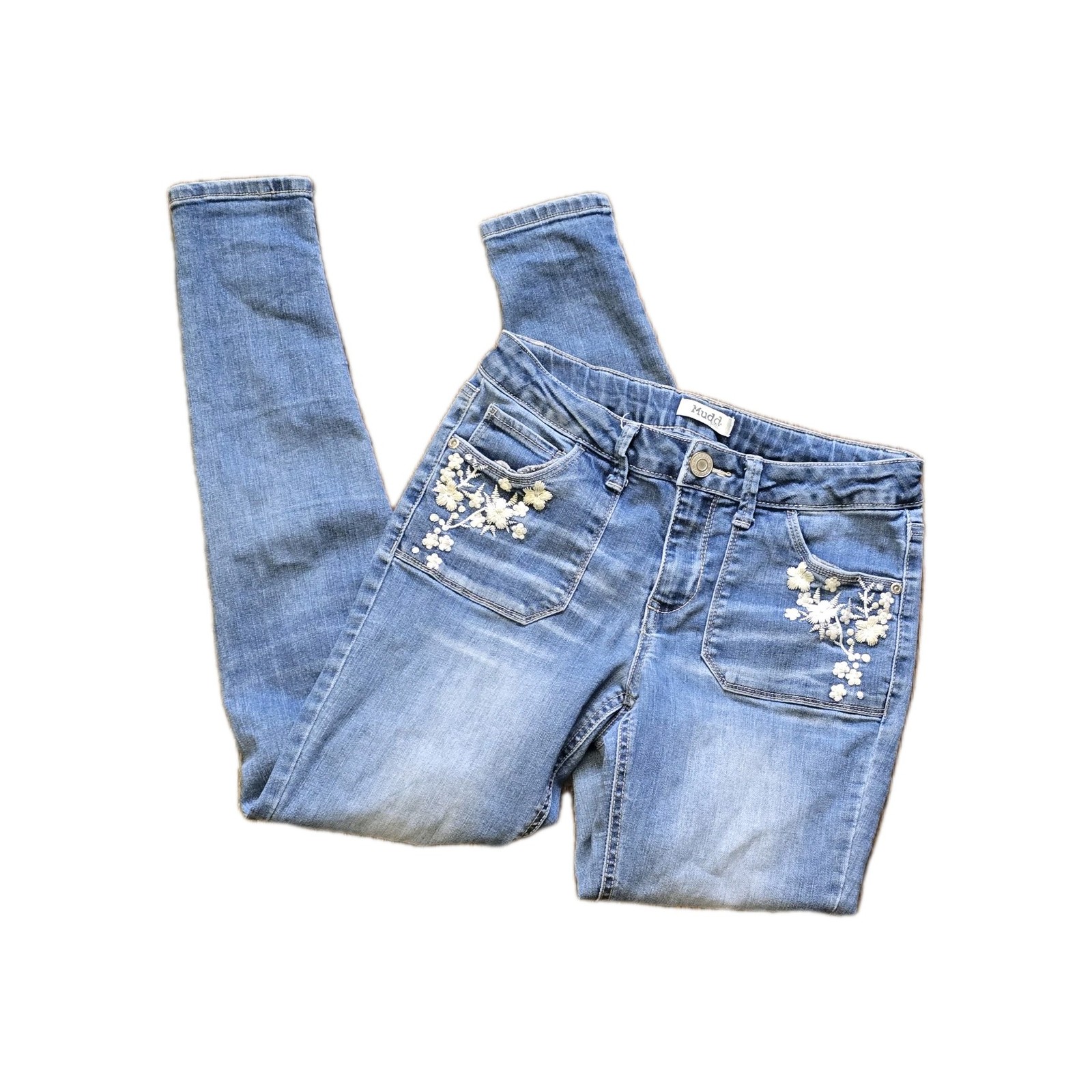 Mudd Girls Size 14 Blue Jeans Floral Embroidering Front Pockets Artisanal Denim