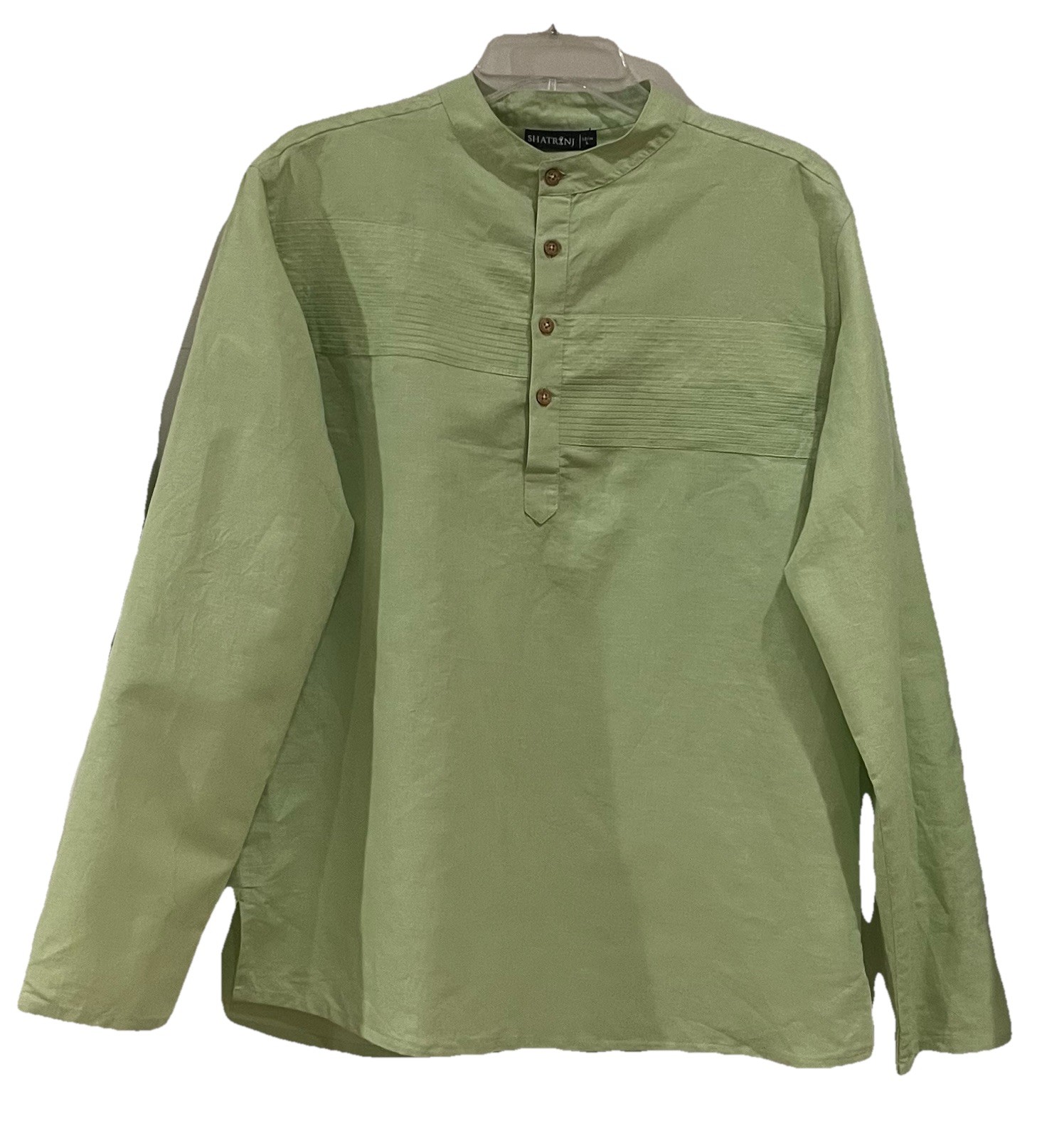 Shatranj Men’s Short Kurta Cotton Linen Apple Green Sz 1.07m L Long Sleeve India