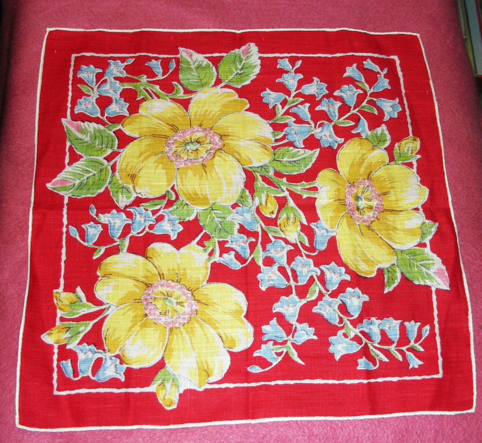 Vintage HANKIE ~ Red with Yellow Flowers & Bluebells 12.75″ X 12.75″ Excellent