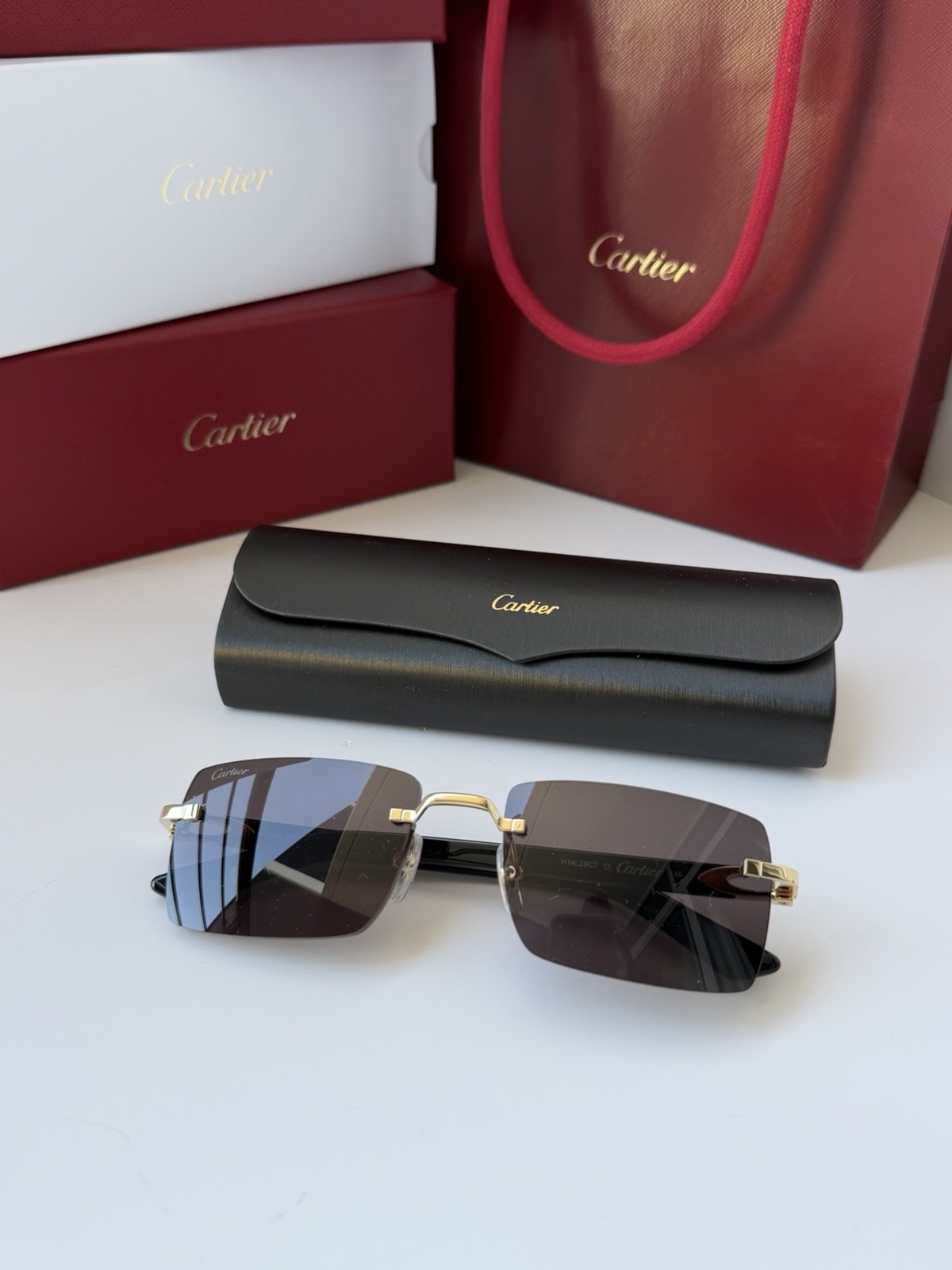 CARTIER CT0579S 005 Gold Black Dark Grey Lens Rectangular Sunglasses AUTHENTIC