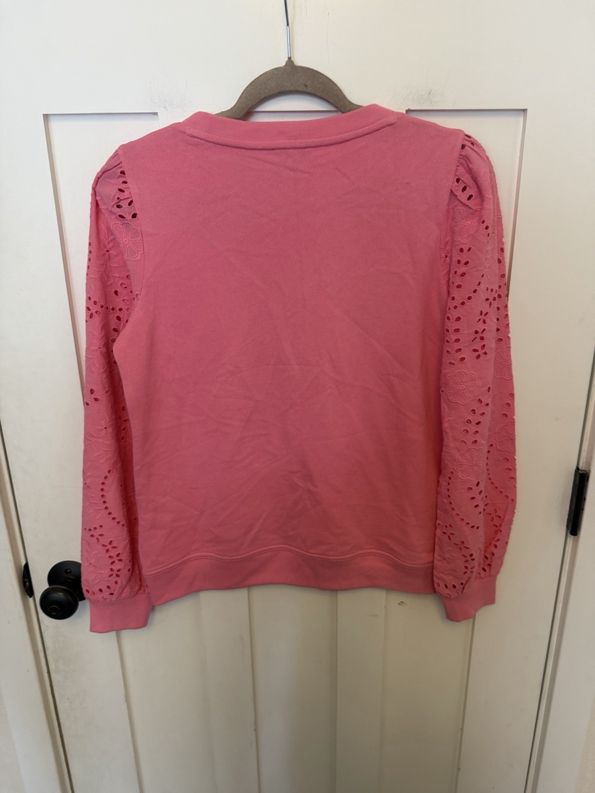Talbots EYELET SLEEVE CREWNECK SWEATSHIRT – AURORA PINK Small Petite 100% COTTON