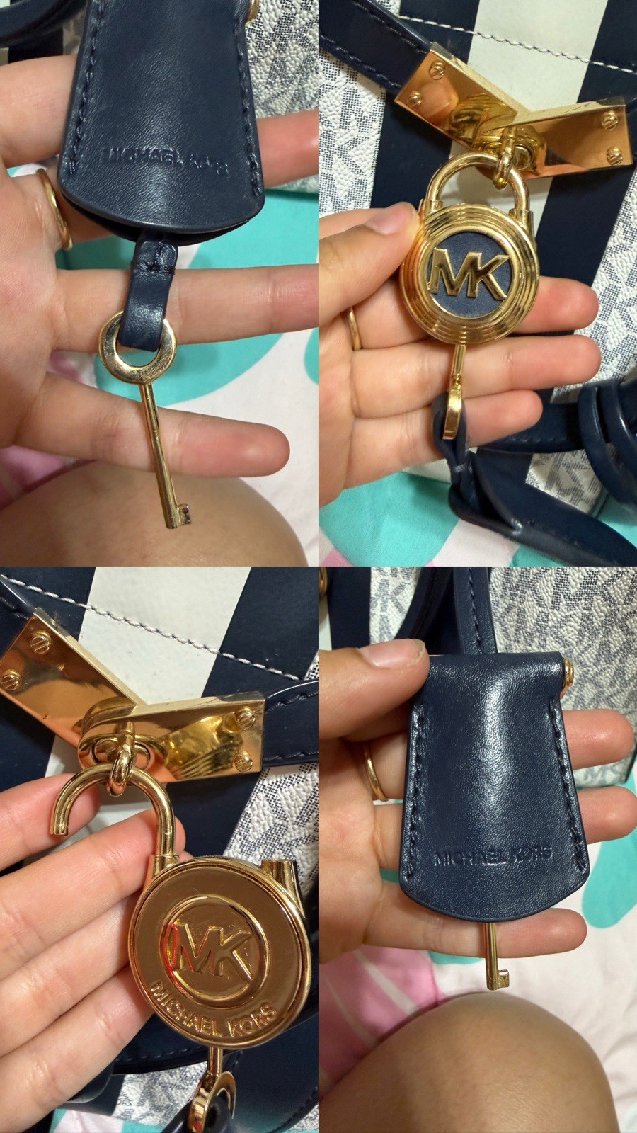 Michael Kors Medium Satchel Top Handle MK Logo Stripe Zip Gold Lock & Key