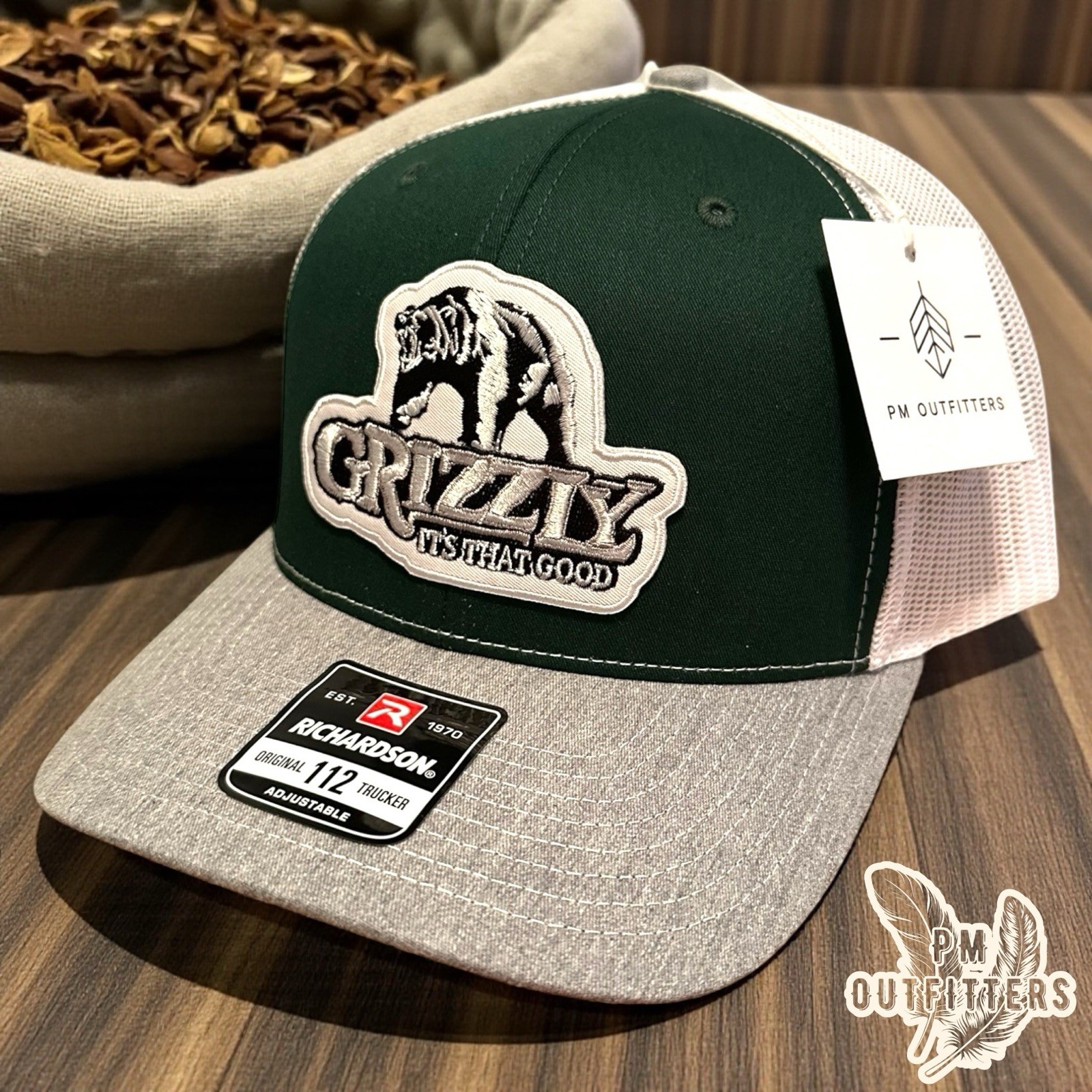 Retro Grizzly Tobacco Patch Richardson 112 Trucker Hat Green/White/Gray Snapback