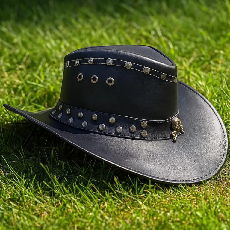 Handmade Black Leather Western Hat With Skull Studded Steampunk Cosplay Festival