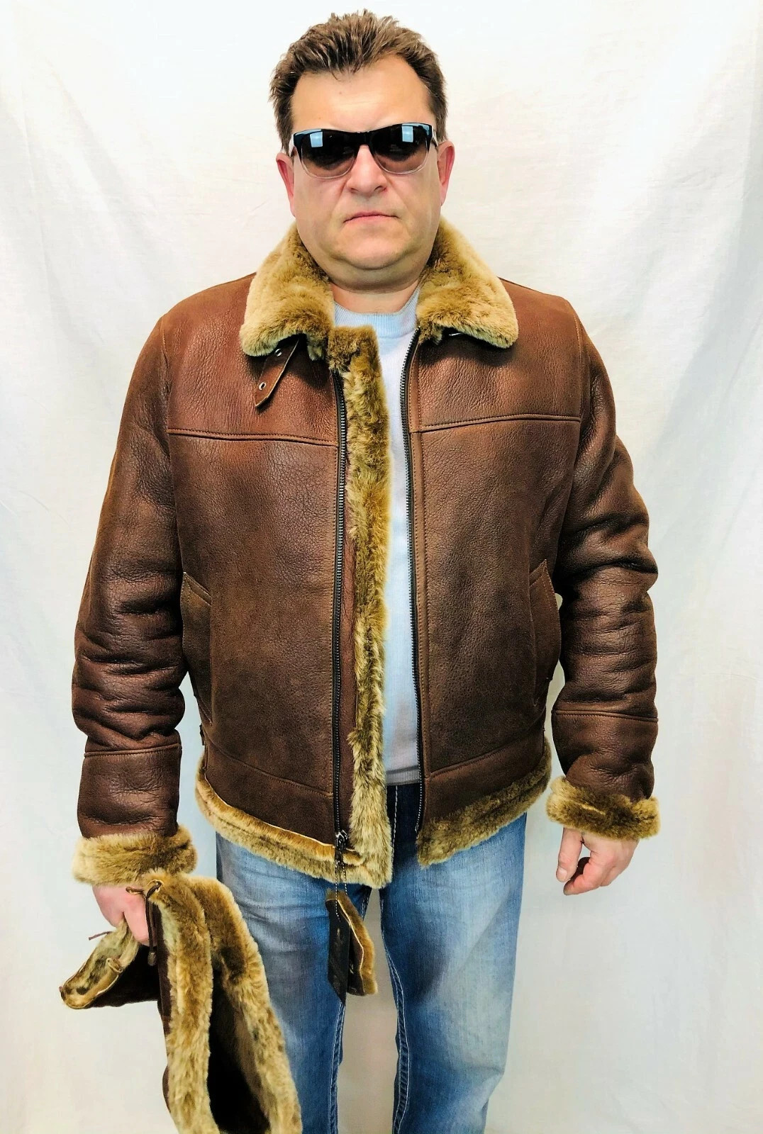 Men’s Genuine Whiskey Sheepskin Shearling Leather Bomber B3 Pilot Coat Jacket