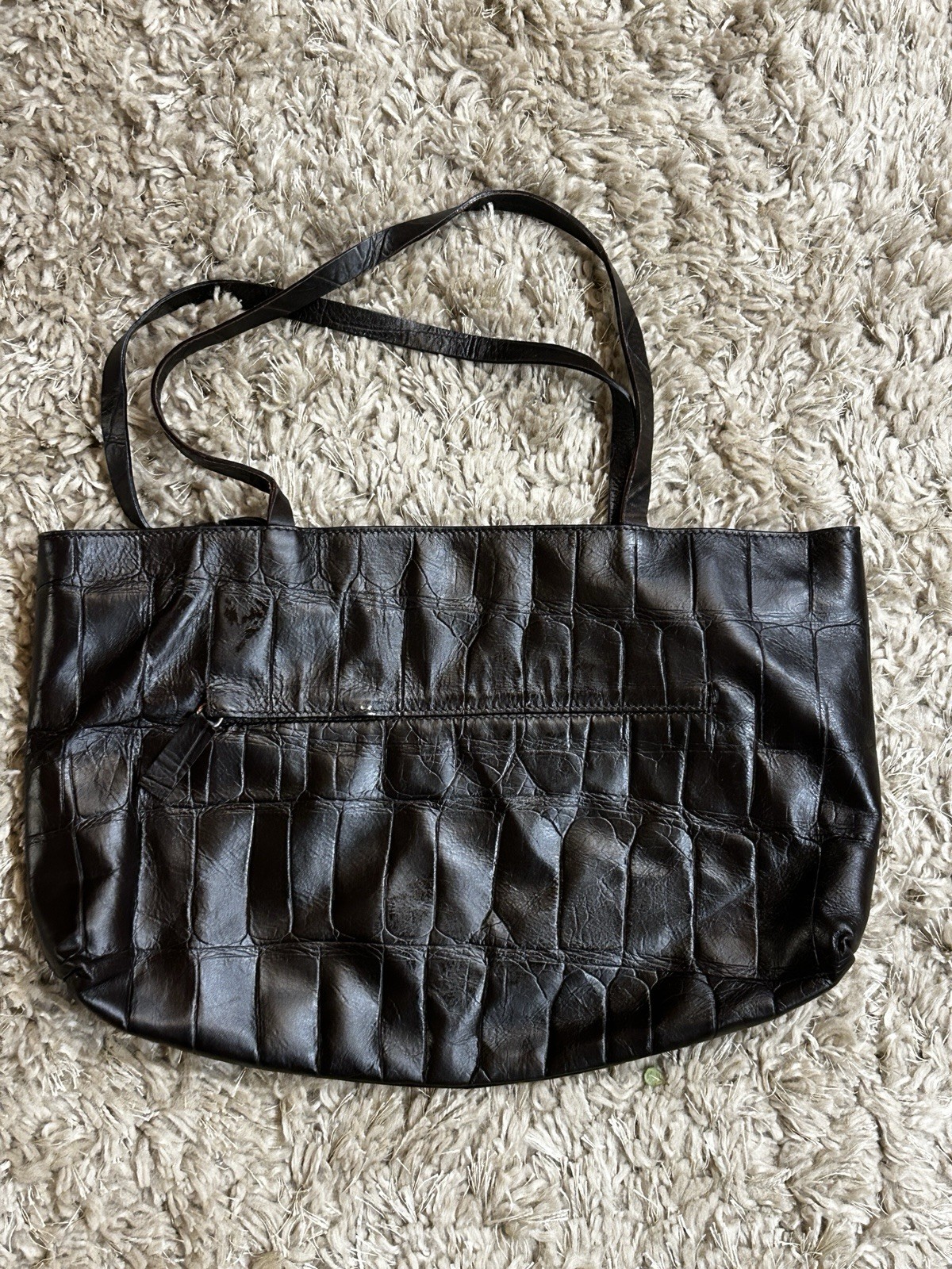 FALOR Le Borse Italy Brown Croc Embossed Leather Shoulder Bag Woven Straps
