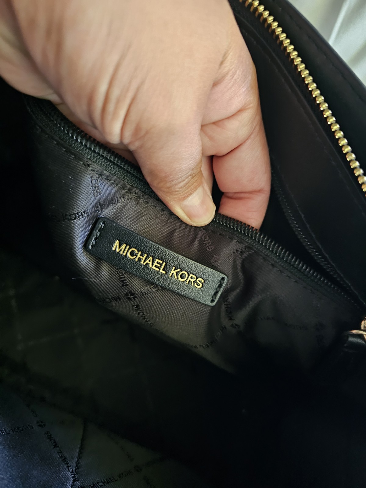 Michael Kors Black Satchel Top Handle Zip Purse MK Charm Gold Hardware