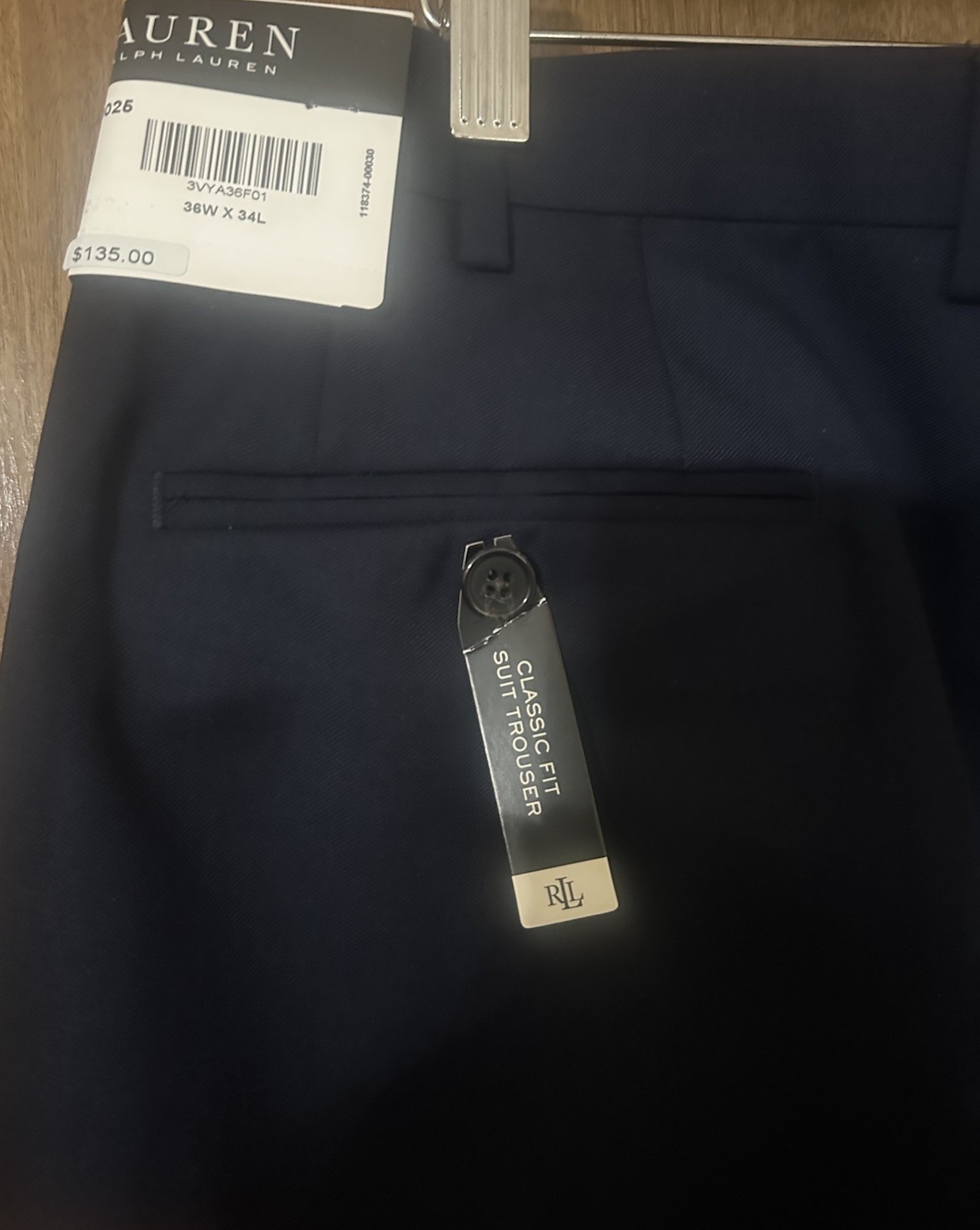 NWT Ralph Lauren Navy Reg. Classic Fit Suit Trouser Men Pants Slacks 36×34 L#EB5