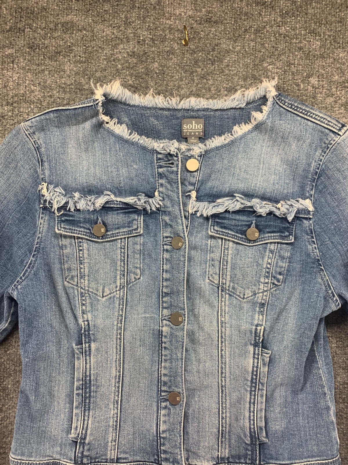 Soho Jacket Womens Medium M Blue Denim Jean Button Frayed Stretch Medium Wash
