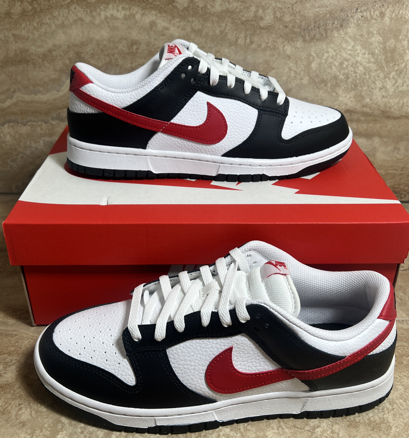 Nike Dunk Low Retro Red Swoosh Panda Black White Shoes Men’s Sizes 8-14