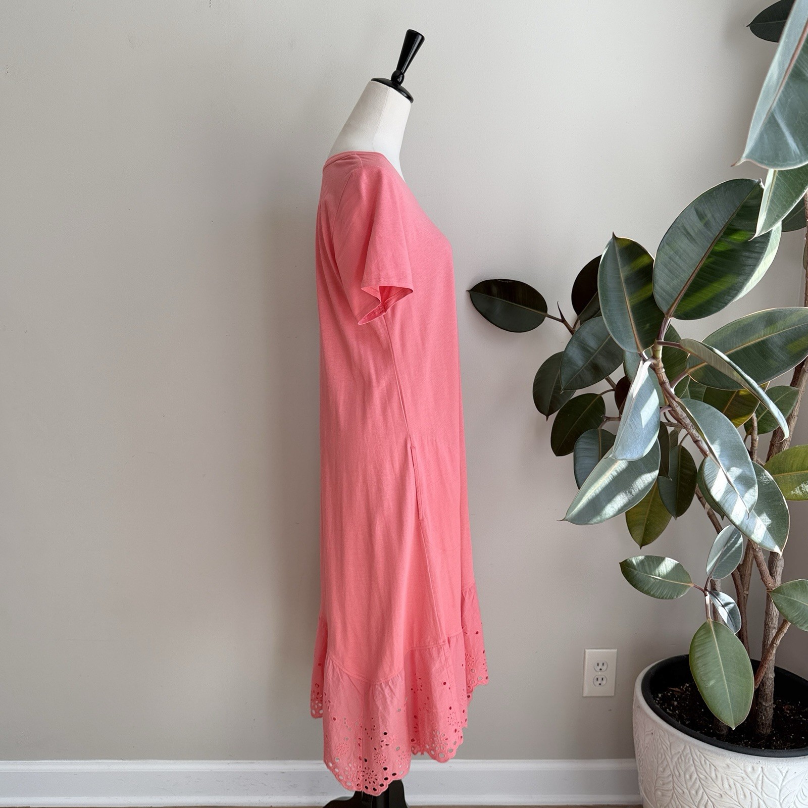 LOGO by Lori Goldstein Cotton Modal Dress Lace Eyelet Hem Size Medium Coral