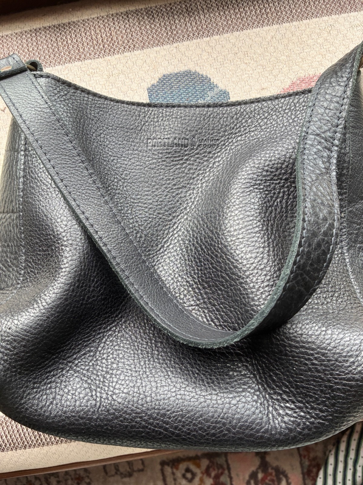 Portland Leather Black Pebbled Triangle Shoulder Bag with Zipper & Outer Pocket