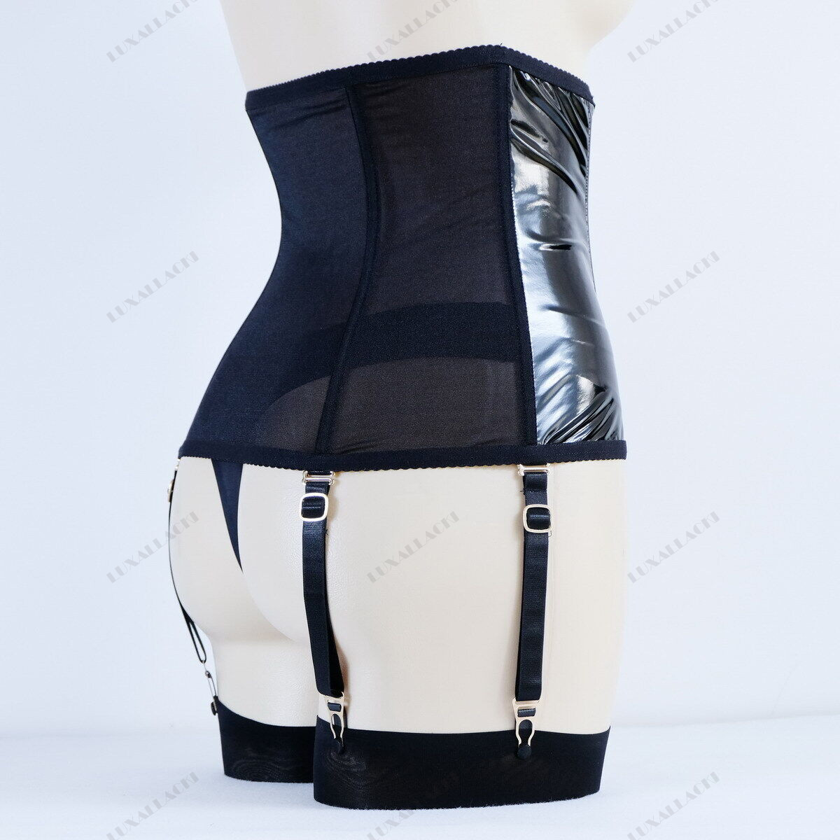 Luxallacki Mesh Pu Leopard Waist Cincher 6 Straps Garter Boned Shaping Corset