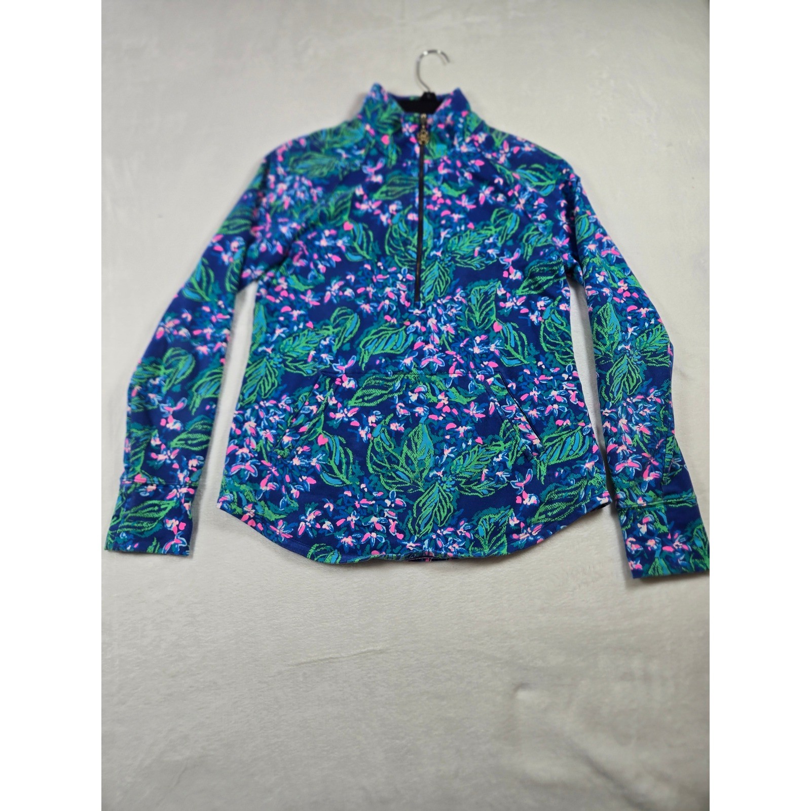 Lilly Pulitzer Blue Tropical Floral Quarter Zip Pullover Thumbholes Small