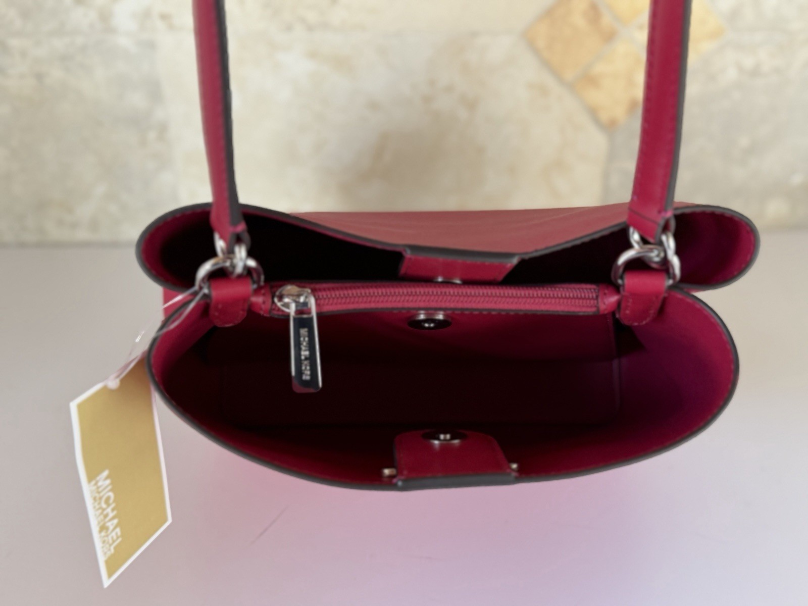 Michael Kors Pratt Medium Bucket Shoulder Tote Bag Dark Raspberry