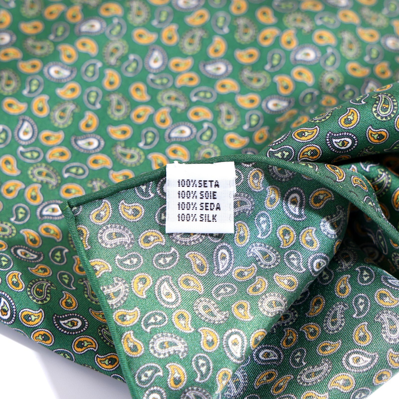 Men’s 100%silk Twill Pocket Square Green Little Paisley Hand Rolled 11.8″ 30cm