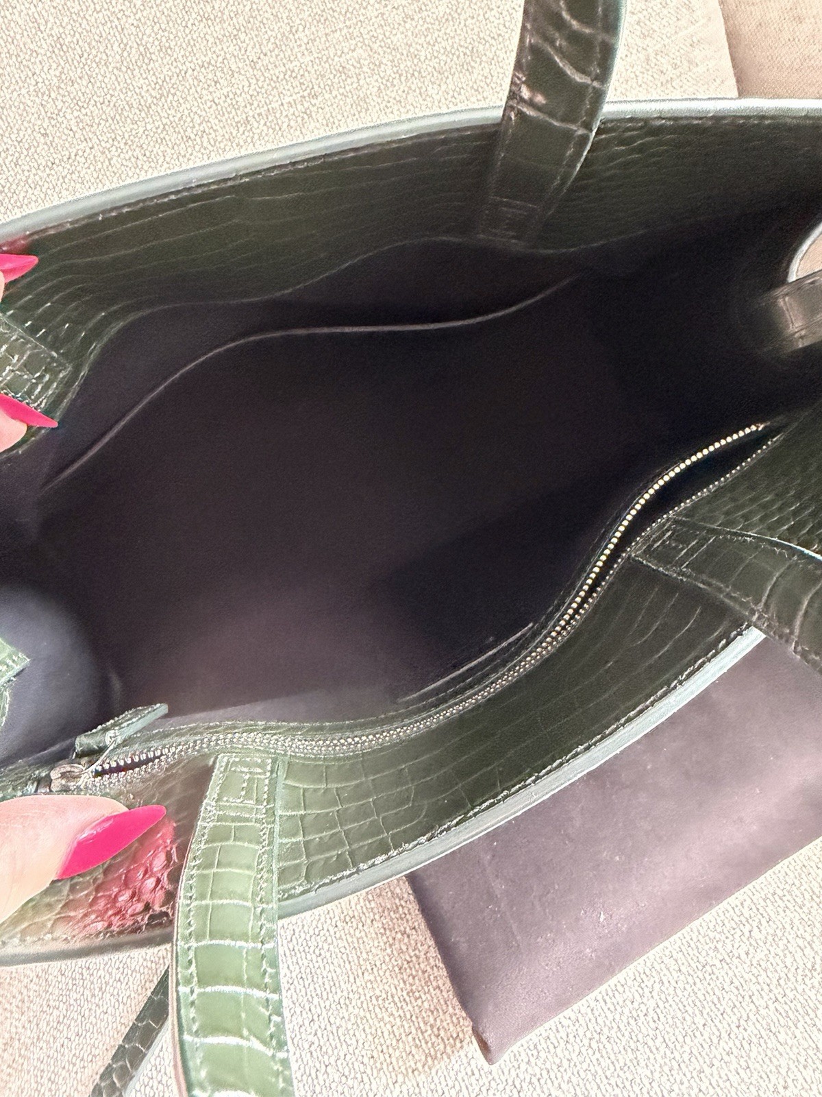 SAINT LAURENT Small Manhattan Green Silver Embossed Leather Bag Shoulder Strap