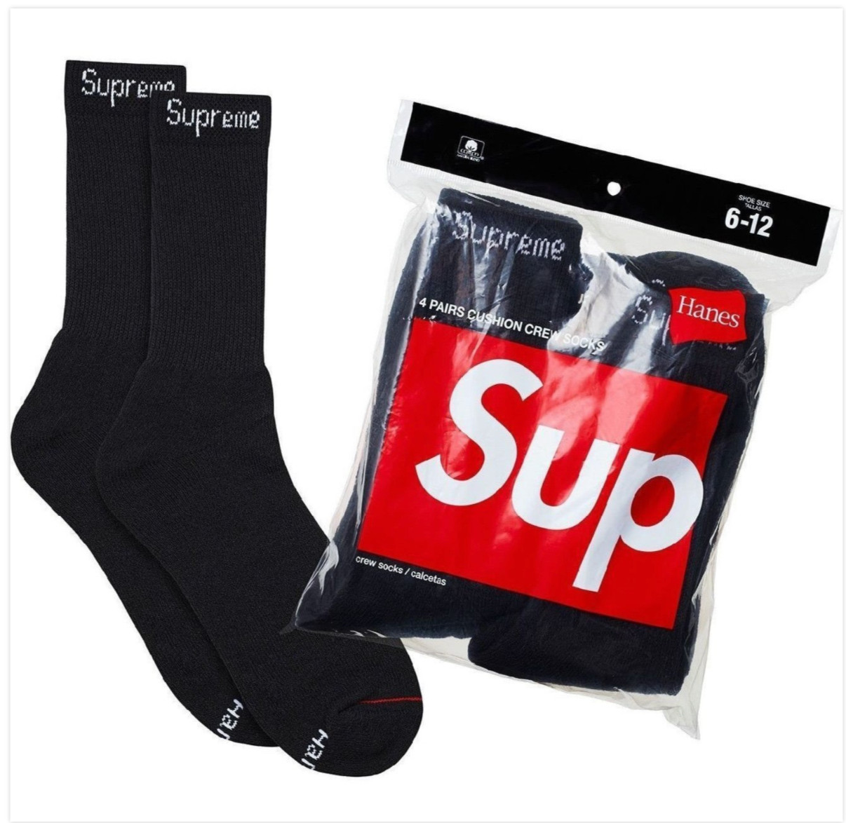 Supreme x Hanes BLACK Crew Socks ONE (1) PAIR – Size 6-12 – NEW