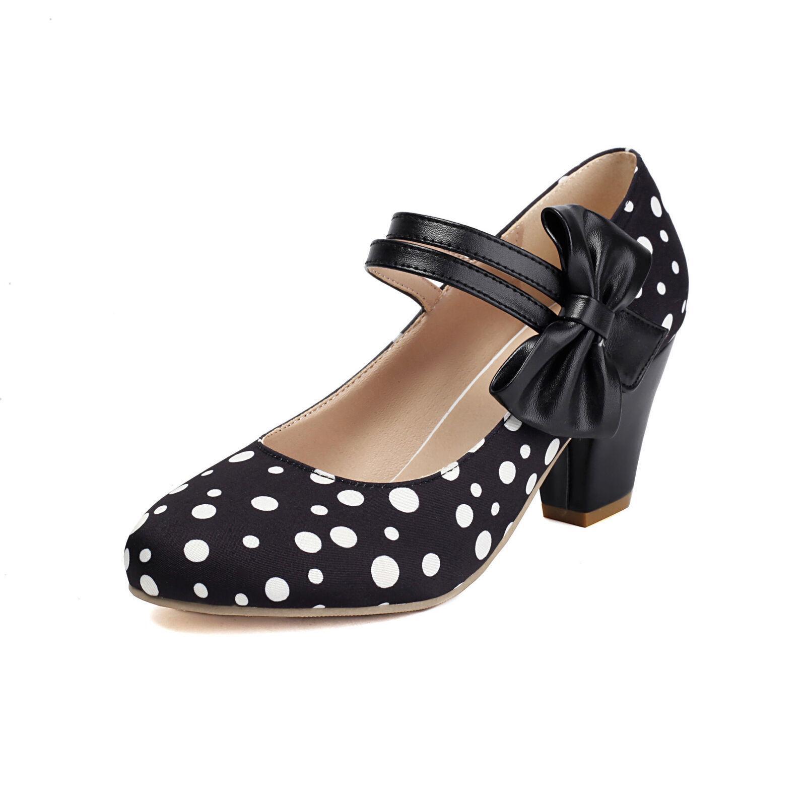 Women’s Bowknot Polka Dot Mary Jane Sweet Dress Party Casual High Heels OL Shoes