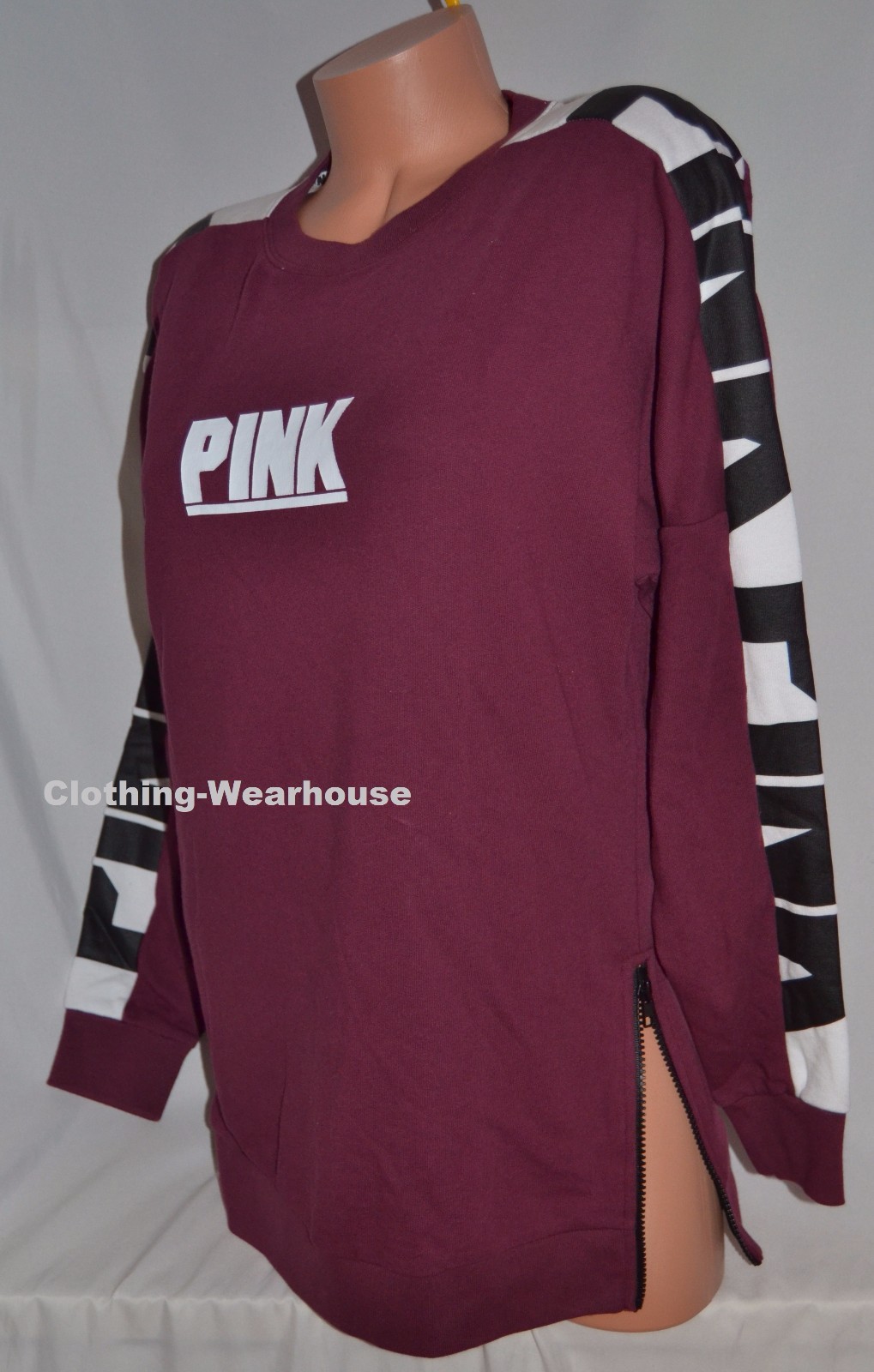 Victoria’s Secret PINK Red Black White Logo Side Zip Varsity Crew Pullover XS