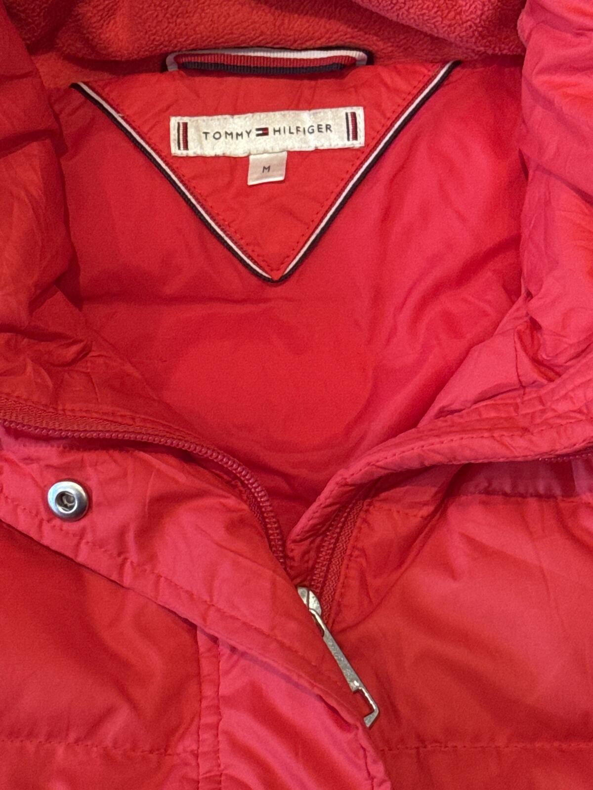 Tommy Hilfiger Red Hooded Puffer Coat with Faux Fur Trim