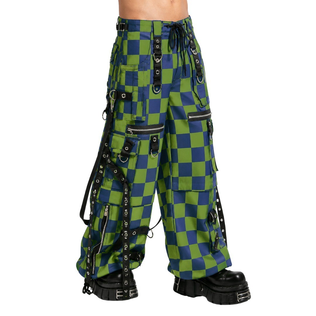 Men’s Cyber Goth Cargo Shorts Green Blue Checkered Bondage Straps Wide Leg Punk