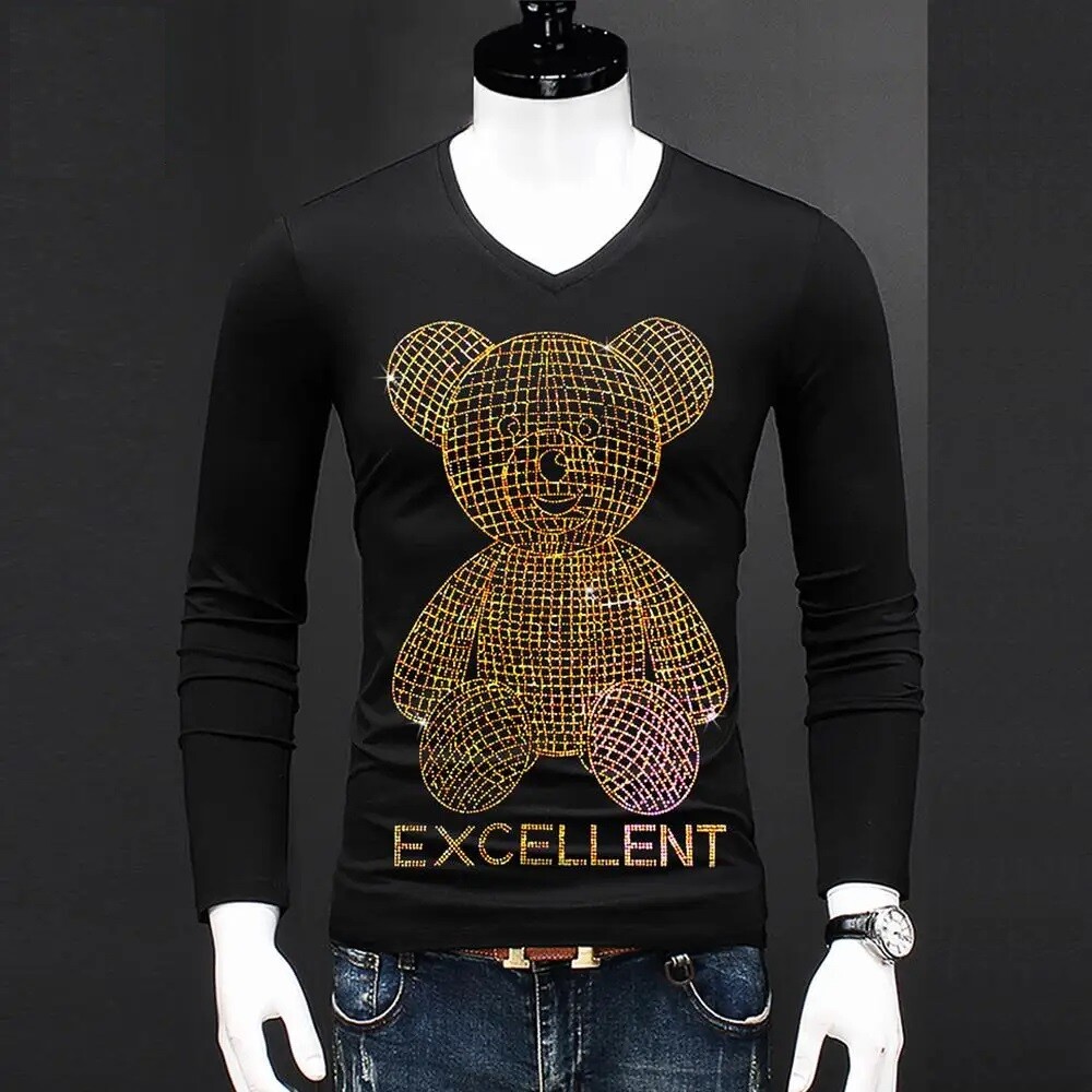 Fashion Trend Bear Rhinestones Streetwear Long Sleeve Luxury Men V-Neck T-Shirt