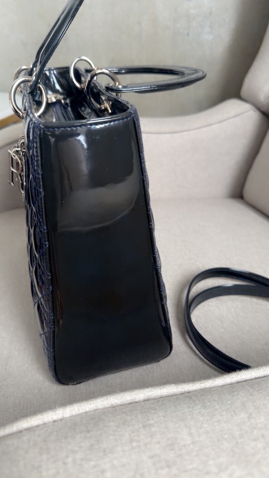 Dior navy blue Patent Lady Dior Satchel with Silver Hardware