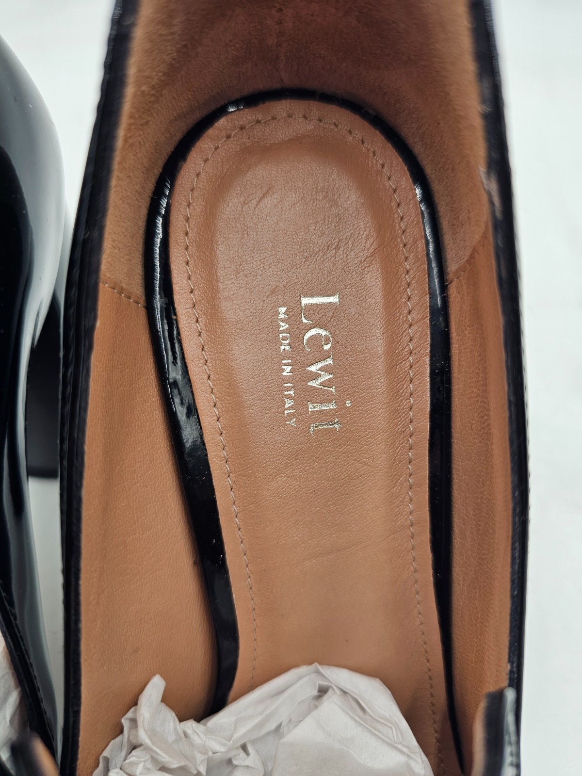 LEWIT Amara Black Patent Leather Metal Bar Block Heel Pump Size 35 1/2