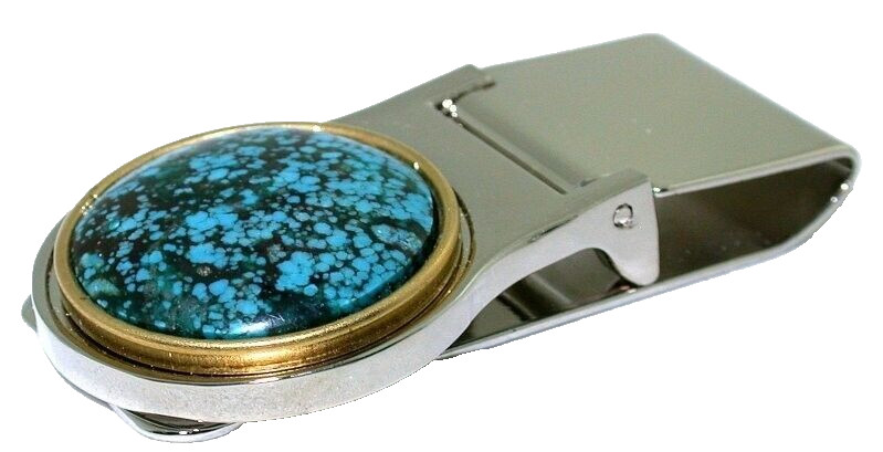 24mm Round Spiderweb Turquoise Steel Gold Color Bezel Hindged Money Clip PMC131