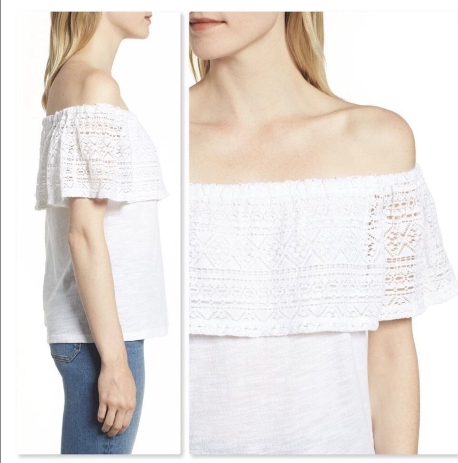 Lucky Brand White Lace Crochet Ruffle Off the Shoulder Top S