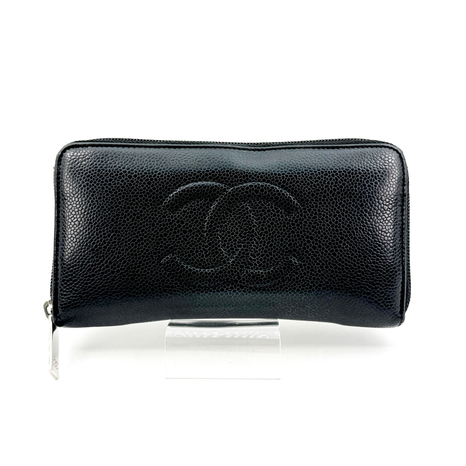 CHANEL Black Caviar Skin Leather Zip Around Wallet COCO Mark Authentic