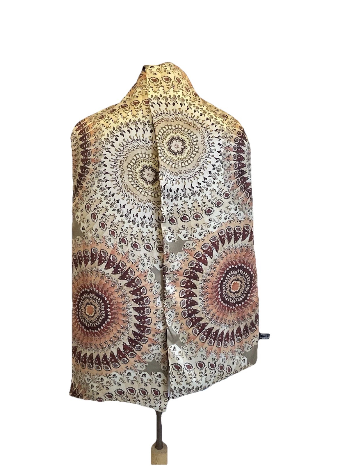 AS4# Mandala Floral Print Beige Brown Orange Viscose Silk Blend Scarf Italy Made
