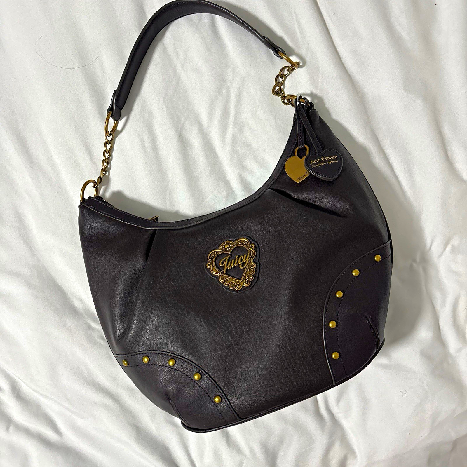 authentic Juicy Couture Brown Hobo Shoulder Bag Gold Studs Chain Heart