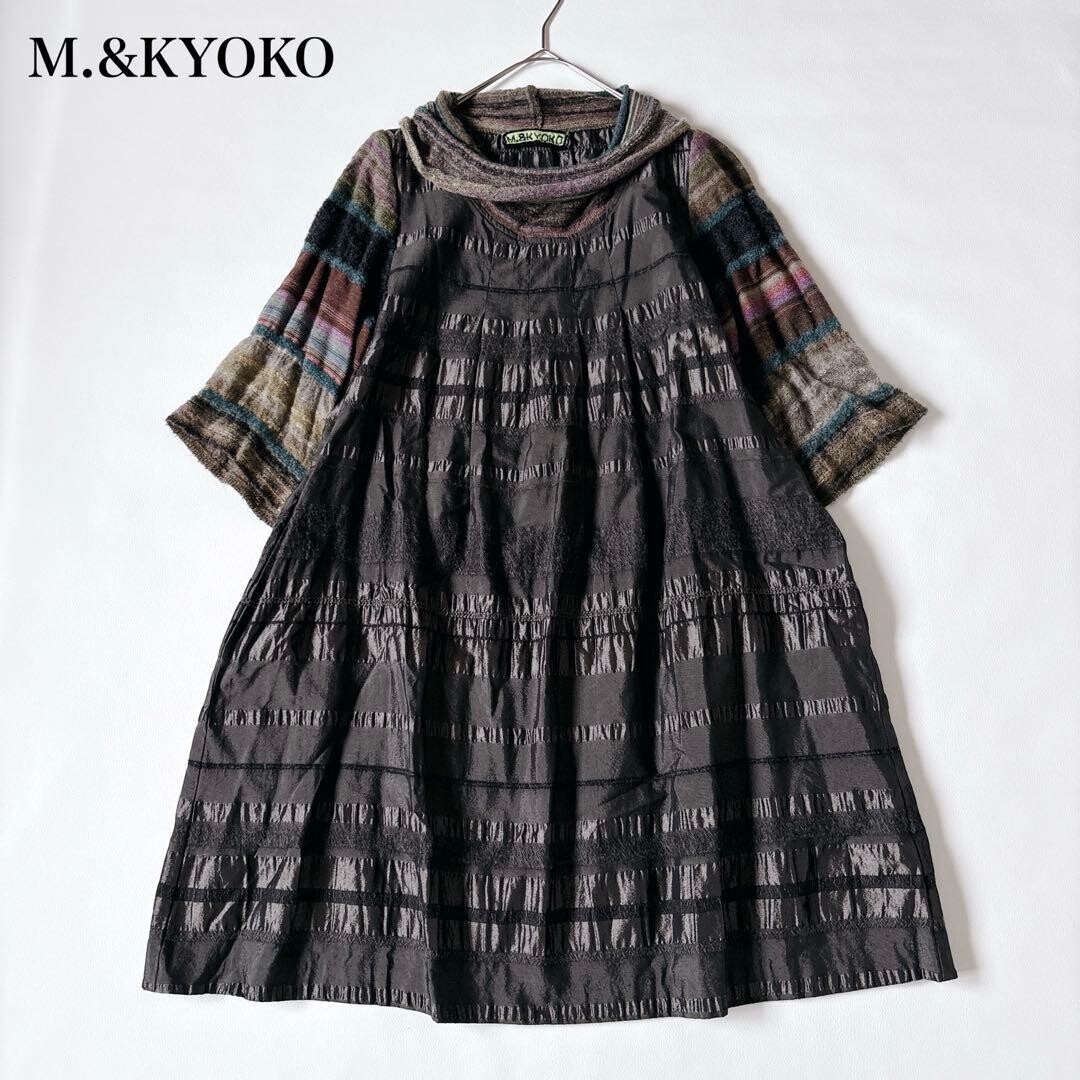 M.&KYOKO Mixed Flare Knee Dress Turtleneck Mohair Alpaca Gray Stripe M Auth