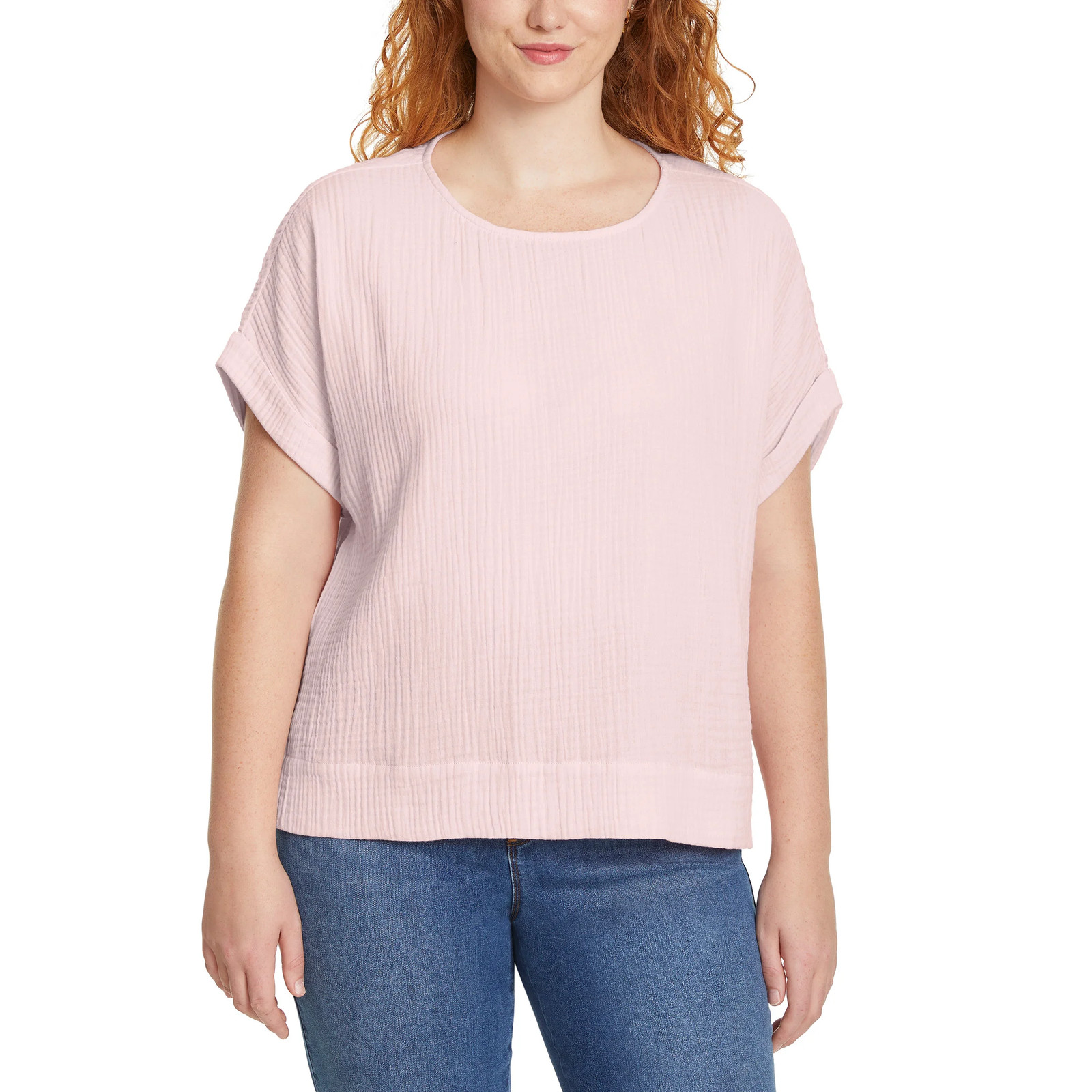 Gloria Vanderbilt Women’s Cotton Gauze Pullover Top Double Rolled Cuff Sleeve