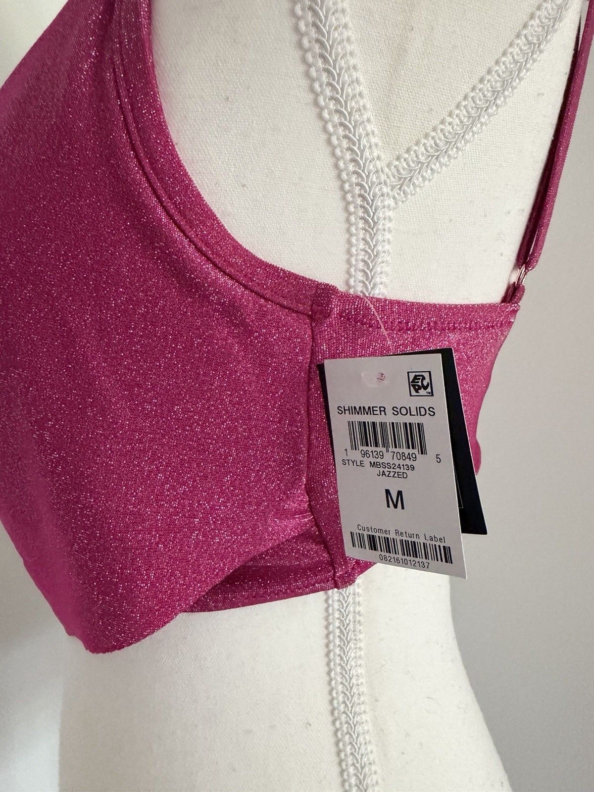 Sparkly Pink Shimmer Solid Bikini Top Padded Lined Adjustable Straps Size M